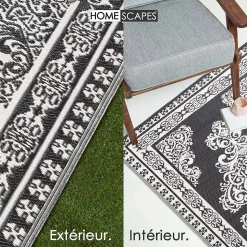 Tapis extérieur terrasse réversible - Tapis de jardin imperméable résistant UV - Motif persan - Noir - 119x186 cm - HOMESCAPES