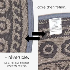 Tapis extérieur terrasse réversible rond - Tapis de jardin imperméable et résistant UV - Mandala - Gris - 170 cm - HOMESCAPES