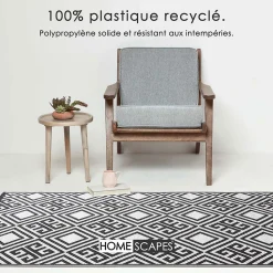 Tapis extérieur terrasse réversible - Tapis de jardin imperméable résistant UV - Géométrique - Noir - 119x186 cm - HOMESCAPES
