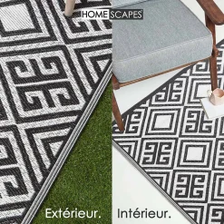 Tapis extérieur terrasse réversible - Tapis de jardin imperméable résistant UV - Géométrique - Noir - 119x186 cm - HOMESCAPES