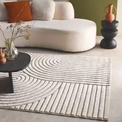 Tapis intérieur motif ethnique arches 200x290cm. poils ras. beige et crème