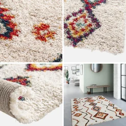 Tapis intérieur shaggy. style berbère. poils longs. crème et multicolore 200 x 290cm