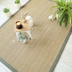 Tapis Jonc de mer - Bihar fin chevron - Ganse chenille vert mousse - 80 x 150 cm