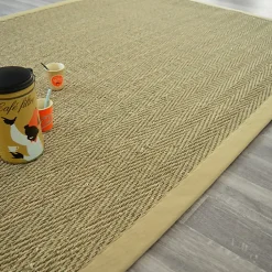 Tapis Jonc de mer - Bihar fin chevron - Ganse coton beige - 80 x 150 cm