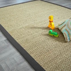 Tapis Jonc de mer - Varana panama - Ganse coton anthracite - 80 x 150 cm