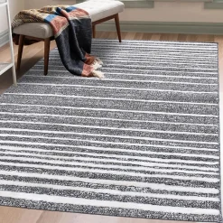 Tapis longs poils shaggy tissé motif géométrique LOLABE, gris, blanc