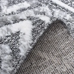Tapis longs poils shaggy tissé motif berbère LANDA, gris, blanc