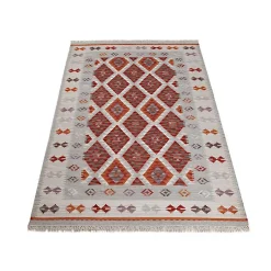 Tapis plat kilim avec franges laine et coton Folck 300x200 CM - Rouge