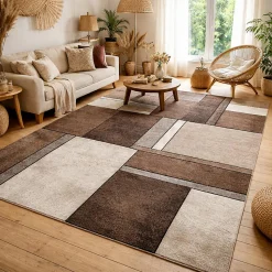 Tapis pour une chambre ou une entrée tissé motif géométrique LYN8 GEOME, Beige, marron, gris