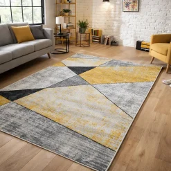 Tapis pour une chambre ou une entrée tissé motif géométrique ROSALINE, jaune, gris, écru