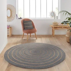 Tapis rond en coton tressé, effet jute rayé, kaki, 120 cm, Dylrev