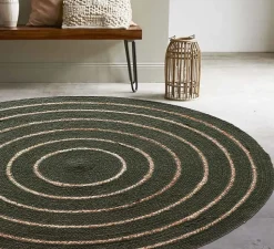 Tapis rond en coton tressé, effet jute rayé, kaki, 120 cm, Dylrev