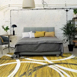 Tapis salon effet laineux motifs arches jaune gris 160x230