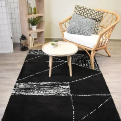 Tapis salon et chambre fait à la main motif géométrique RAGGAL, Noir, blanc