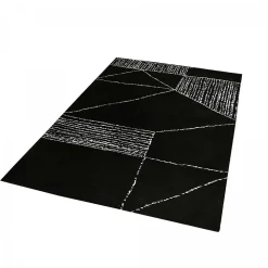 Tapis salon et chambre fait à la main motif géométrique RAGGAL, Noir, blanc