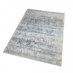 Tapis salon et chambre tissé motif abstrait BELANO, bleu, beige, rose