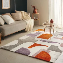 Tapis salon et chambre tissé motif géométrique ECHO 3, gris, beige, orange