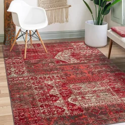 Tapis salon et chambre tissé motif ethnique LYN1 PATWORK, rouge