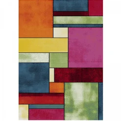 Tapis salon et chambre tissé motif géométrique LYN8 GEOME, Multicolore, vert, bleu, rouge