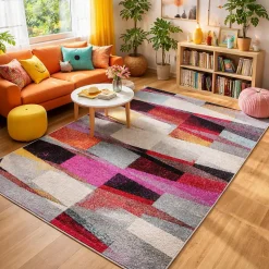 Tapis salon et chambre tissé motif ethnique ELYZA, rouge, vert, violet, bleu, écru