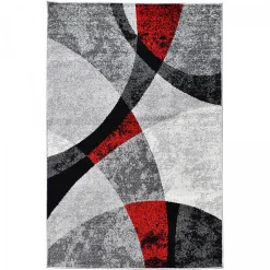 Tapis salon et chambre tissé motif géométrique RADULE, rouge, gris, noir, écru