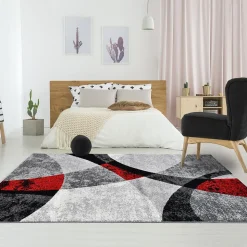 Tapis salon et chambre tissé motif géométrique RADULE, rouge, gris, noir, écru