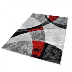 Tapis salon et chambre tissé motif géométrique RADULE, rouge, gris, noir, écru