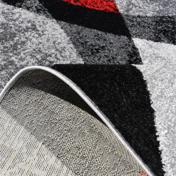 Tapis salon et chambre tissé motif géométrique RADULE, rouge, gris, noir, écru