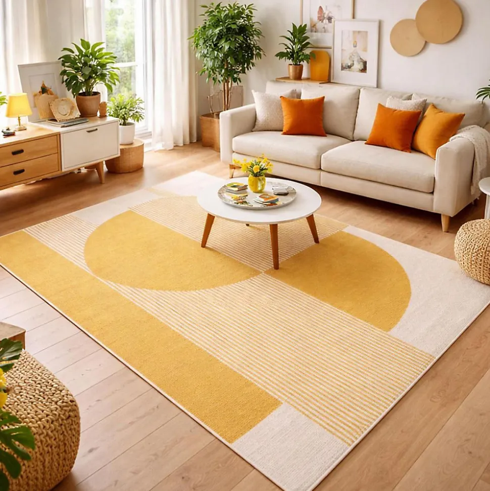 Tapis salon et chambre tissé motif géométrique CONTUNI, beige, jaune