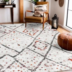 Tapis salon et chambre tissé motif berbère LYN8 MORA, Crème, orange, noir