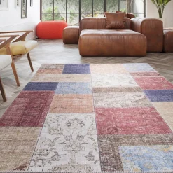 Tapis salon et chambre tissé motif géométrique VIVACE 9, beige, bleu, rose