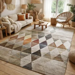Tapis salon et chambre tissé motif géométrique LYN8 BELO 19, beige