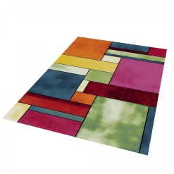 Tapis salon et chambre tissé motif géométrique LYN8 GEOME, Multicolore, vert, bleu, rouge