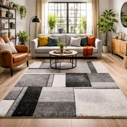 Tapis salon et chambre tissé motif géométrique LYN8 GEOME, Gris, noir