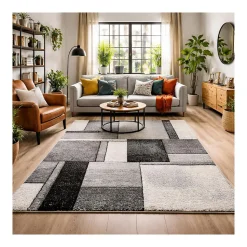 Tapis salon et chambre tissé motif géométrique LYN8 GEOME, Gris, noir