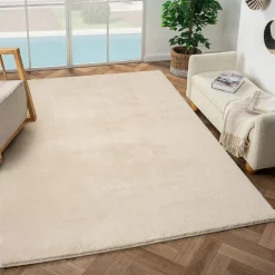 Tapis salon LYN10 LAVABLE, soft et soyeux, tapis uni à l'aspect Shaggy, beige