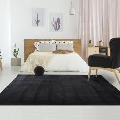 Tapis salon LYN10 LAVABLE, soft et soyeux, tapis uni à l'aspect Shaggy, noir