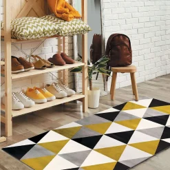 Tapis salon toucher laineux motif triangles jaune 80x150