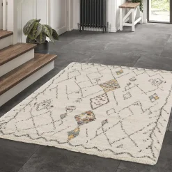 Tapis shaggy tissé motif berbère AURORA 1, Ecru, beige