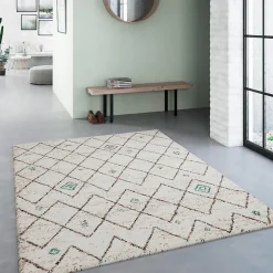 Tapis shaggy tissé motif berbère AMORE 2, écru, bleu