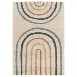 Tapis shaggy tissé motif géométrique AURORA 4, bleu, beige, jaune