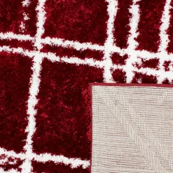 Tapis shaggy tissé motif géométrique EMBER 1, rouge, blanc