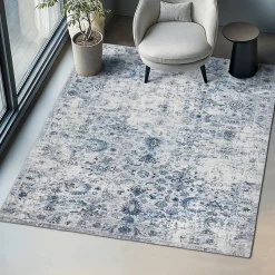 Tapis vintage design à poils courts en laine synthétique et feutre résistant et lavable