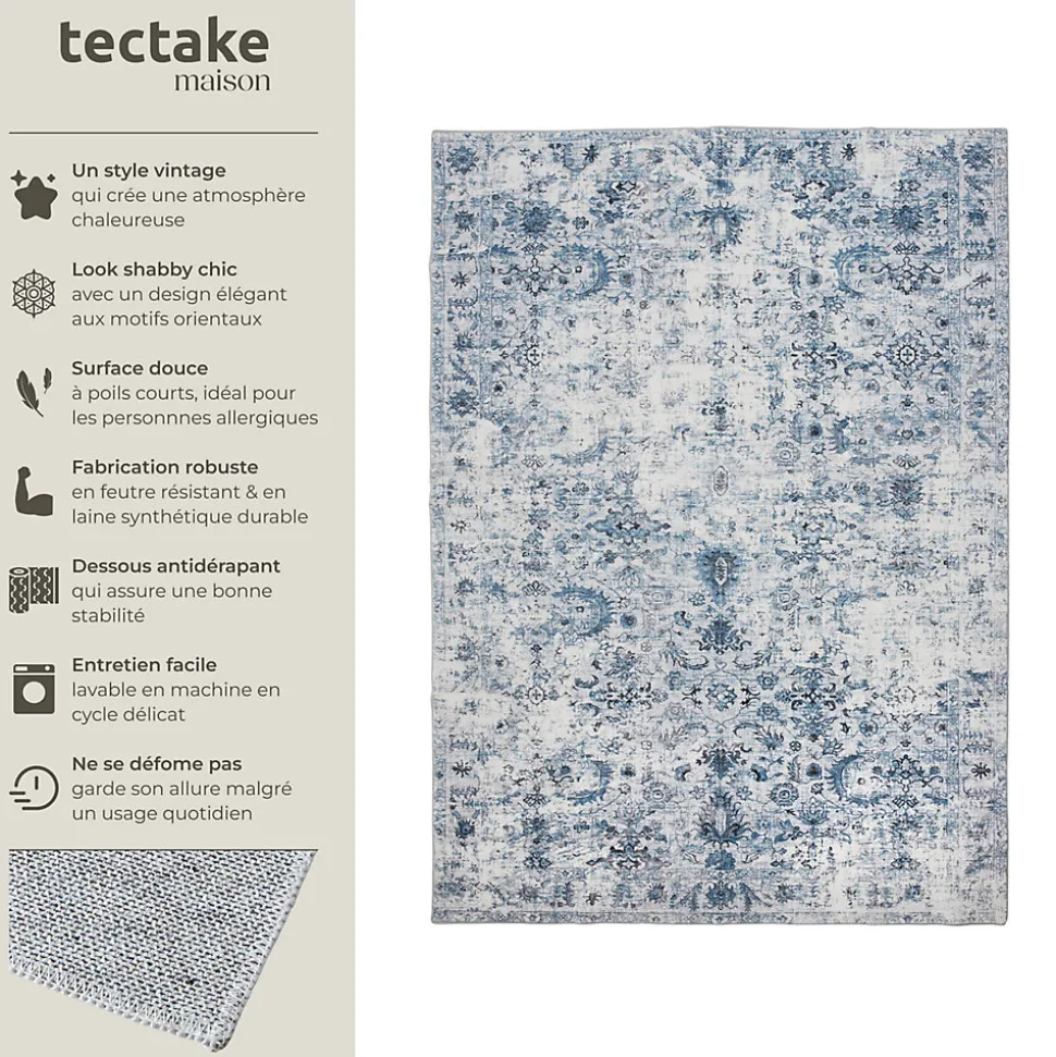 Tapis vintage design à poils courts en laine synthétique et feutre résistant et lavable