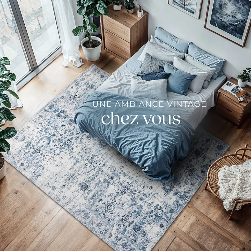 Tapis vintage design à poils courts en laine synthétique et feutre résistant et lavable
