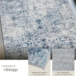 Tapis vintage design à poils courts en laine synthétique et feutre résistant et lavable