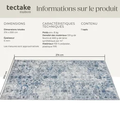 Tapis vintage design à poils courts en laine synthétique et feutre résistant et lavable