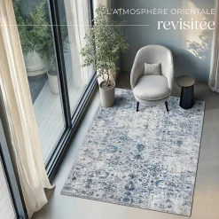 Tapis vintage design à poils courts en laine synthétique et feutre résistant et lavable