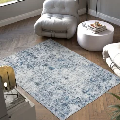 Tapis vintage design à poils courts en laine synthétique et feutre résistant et lavable