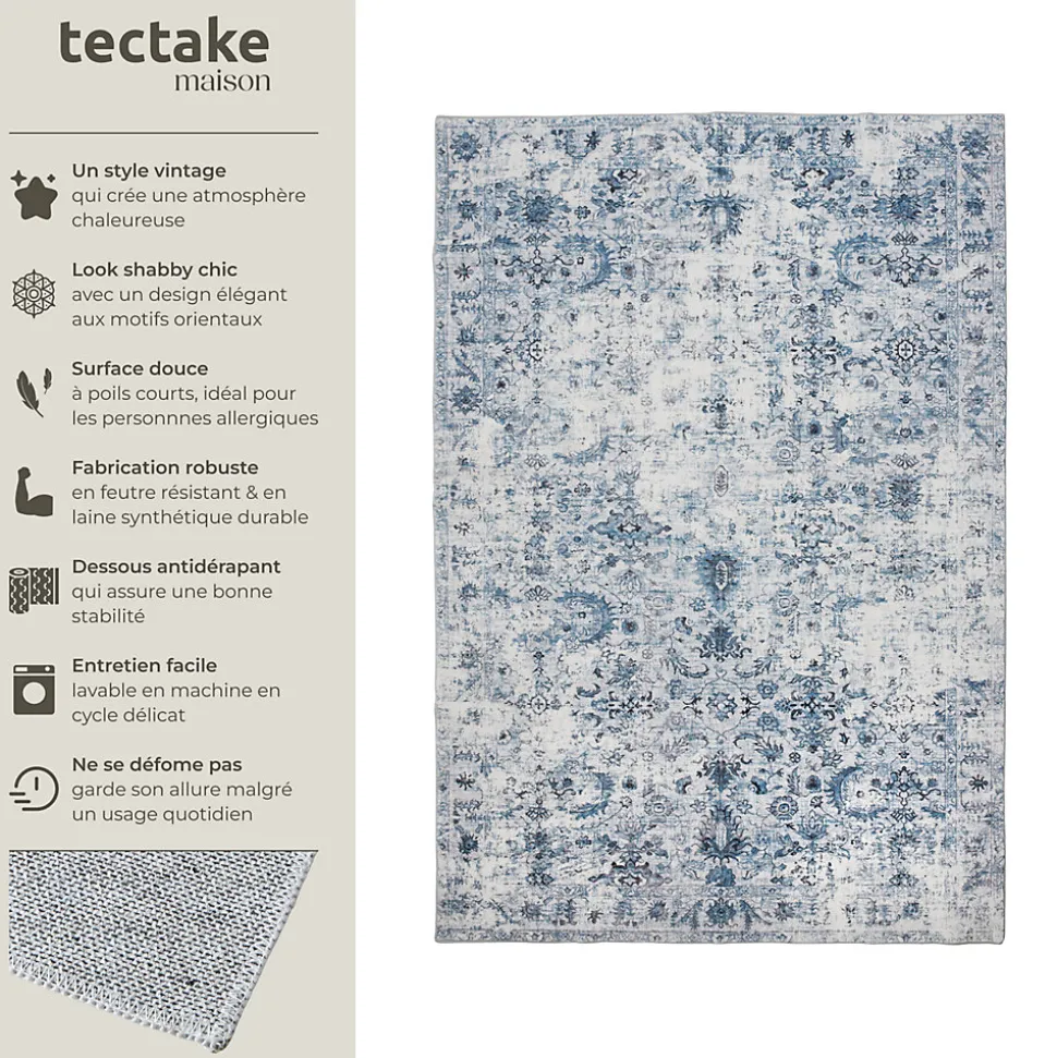 Tapis vintage design à poils courts en laine synthétique et feutre résistant et lavable